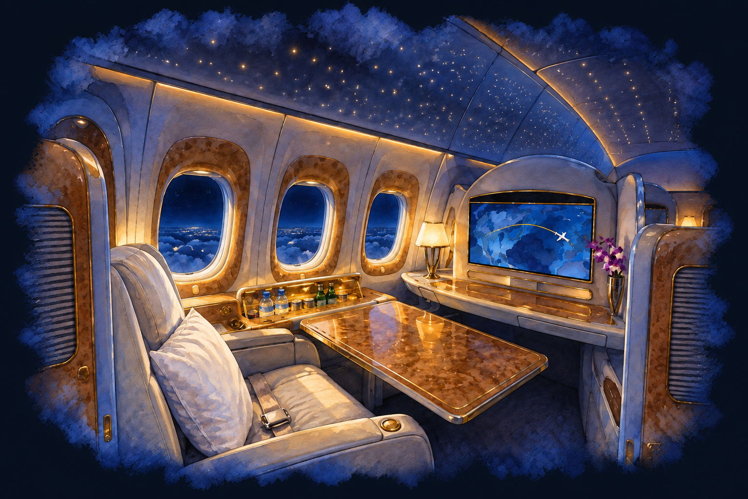 Night watercolor of a First Class suite, with warm wood, softly lit windows and a curved ceiling dotted with tiny starlights