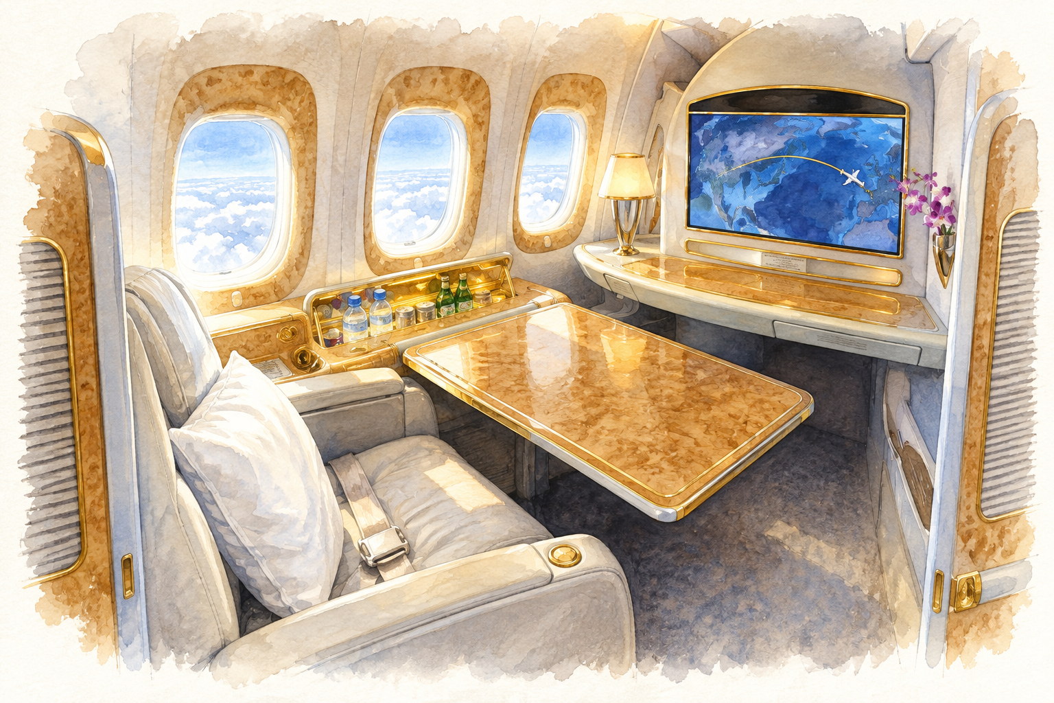 Watercolor of a First Class suite, with three bright windows and a flight map