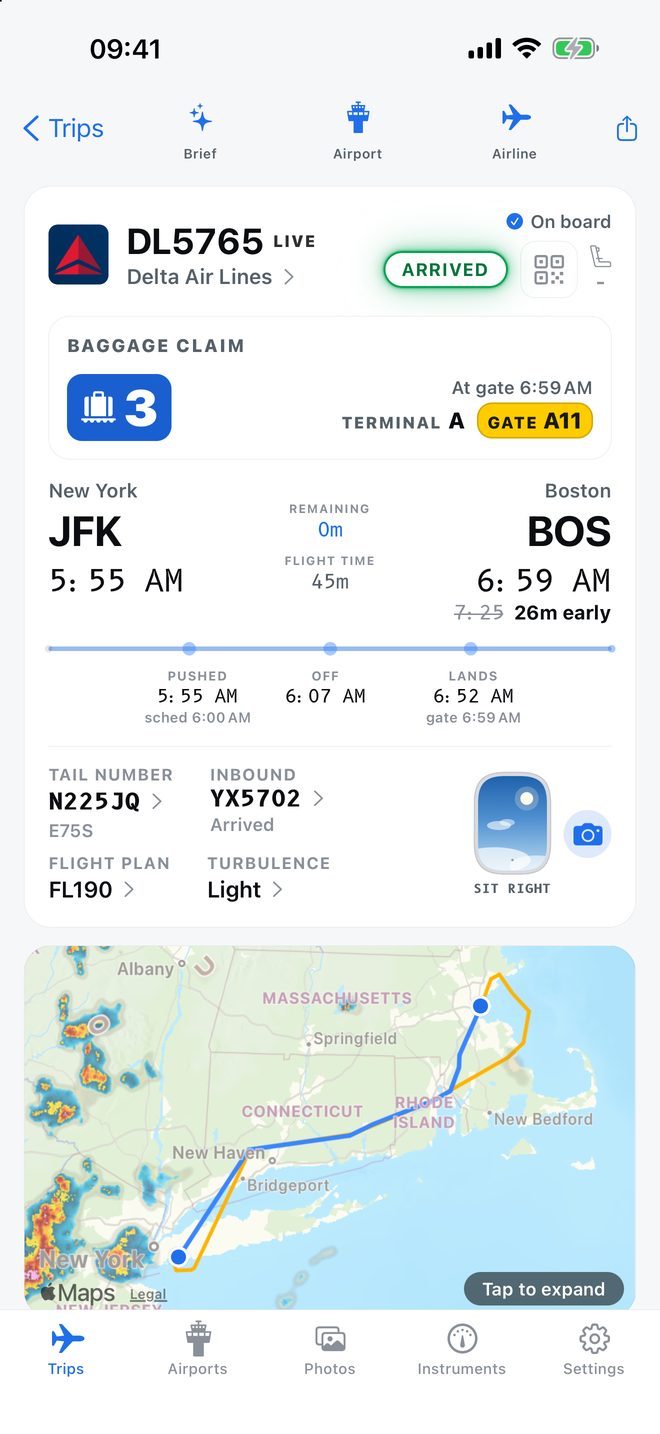 The whole flight after landing: the belt first, then the times, then the route flown.