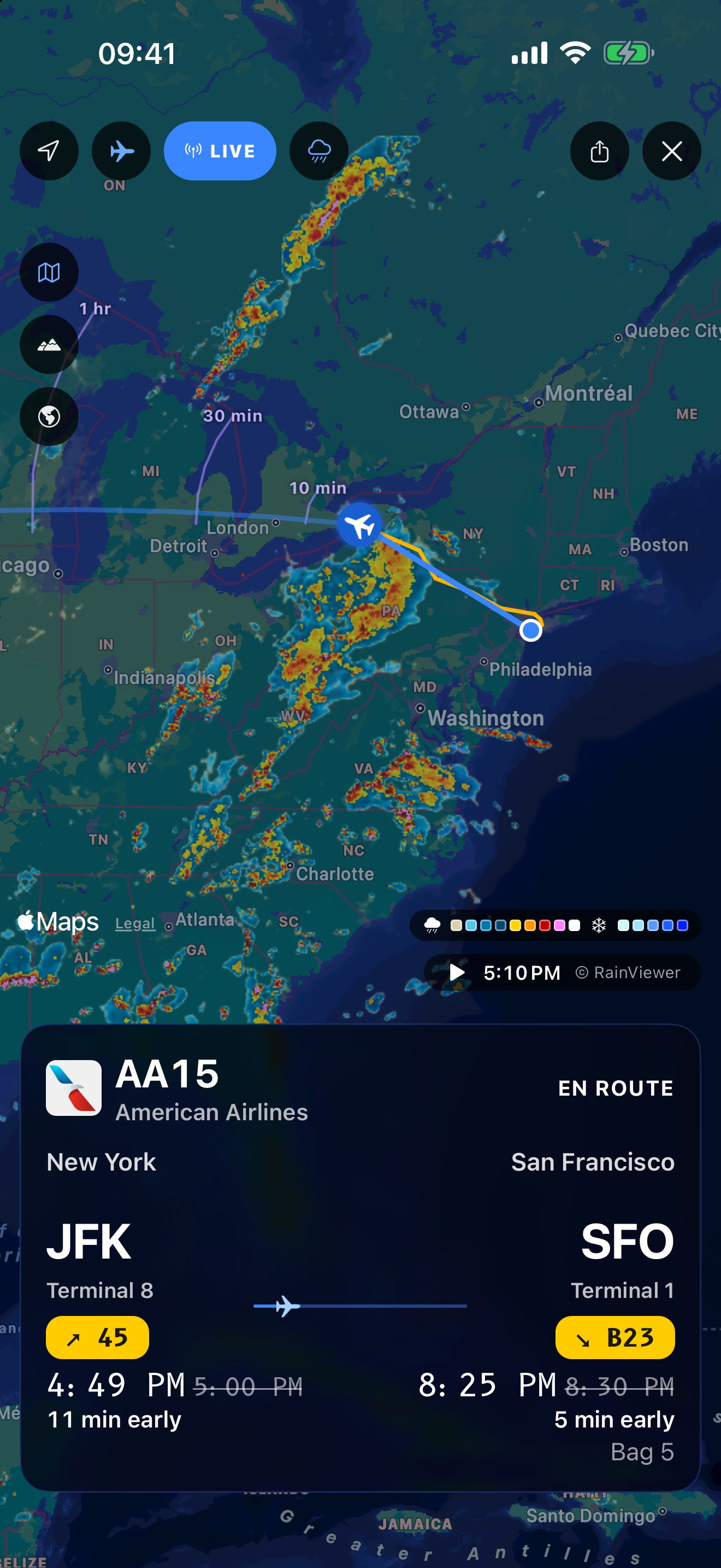 American Airlines AA15 from New York JFK to San Francisco SFO on an expanded map, with the flight path, aircraft position and weather radar. Captured example in night mode.