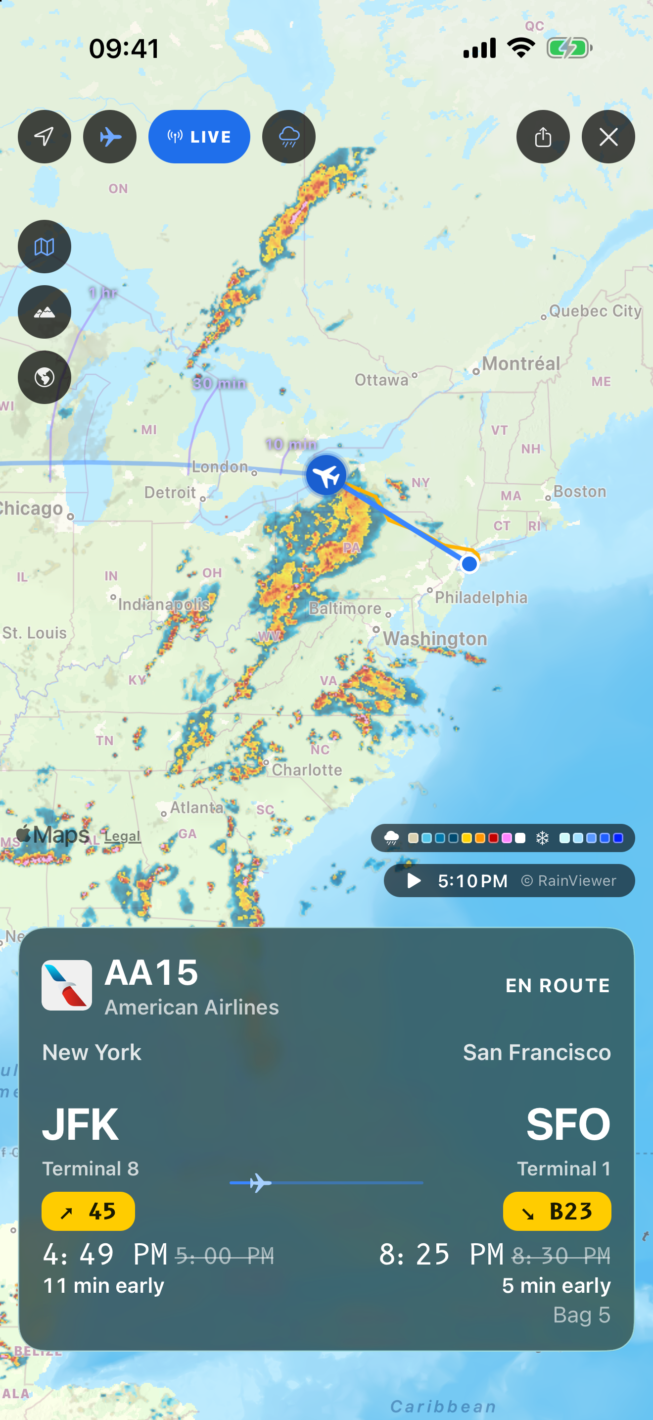 American Airlines AA15 from New York JFK to San Francisco SFO on an expanded map, with the flight path, aircraft position and weather radar. Captured example in day mode.